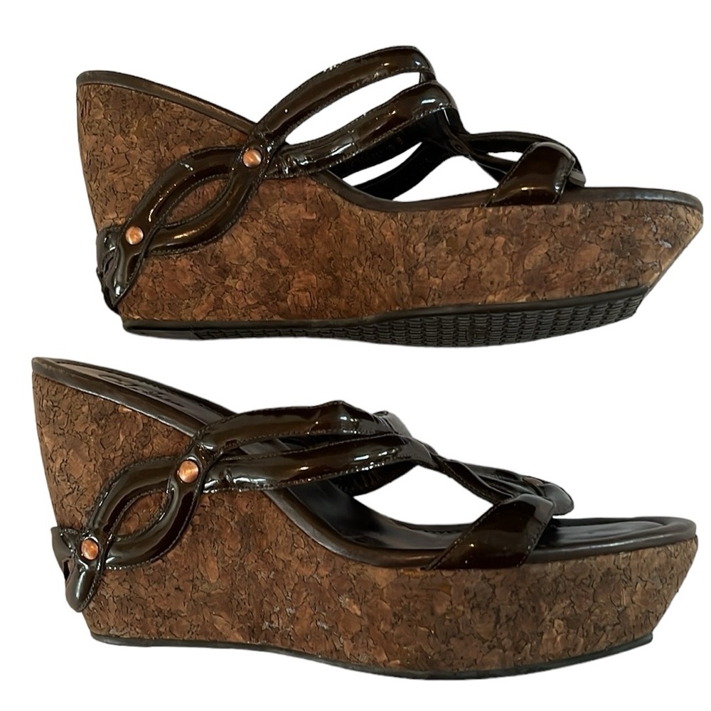 Cole Haan size 10 brown patant leather wedge studded detail cork platform heel